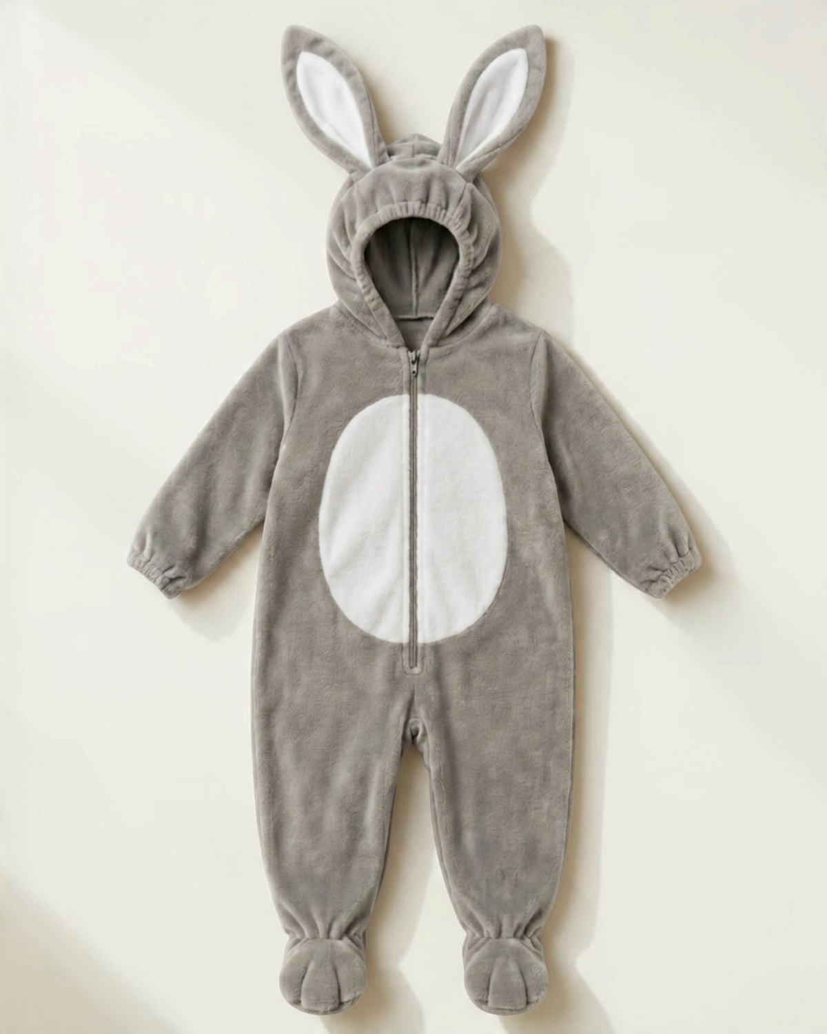 Sprall grå kanindräkt i mjuk polyester med huva, vita öron och dragkedja framtill för barn i storlek 4 år.