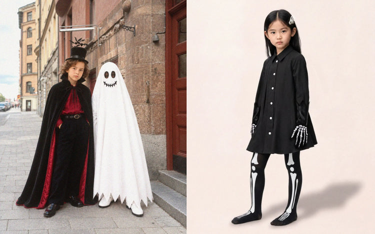 Barn i draculacape och spökdräkt på gata, samt barn i skelettights