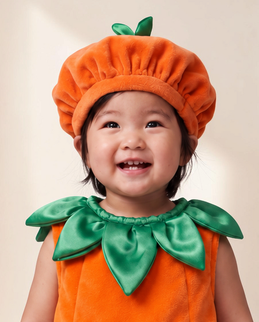 Glad baby bär en orange Sprall pumpabasker i mjuk polyester med gröna bladdetaljer, perfekt för Halloween.