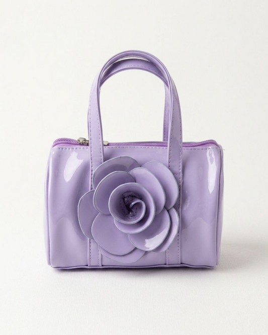 Handväska, lacklila med rosdetalj
