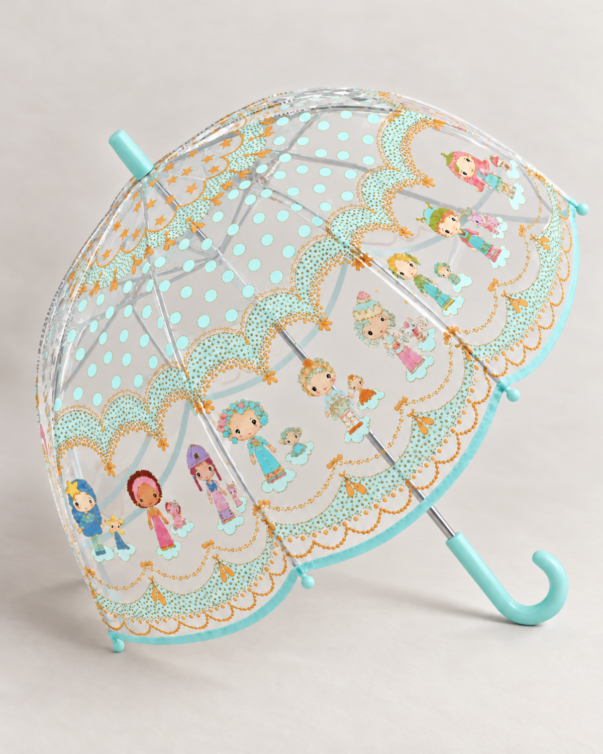 Barnparaply med sagomotiv i pastellfärger