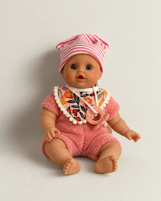 Mjuk babydocka i mörkrosa med napp för de minsta