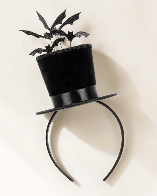 Svart halloweendiadem med hög hatt och fladdermöss